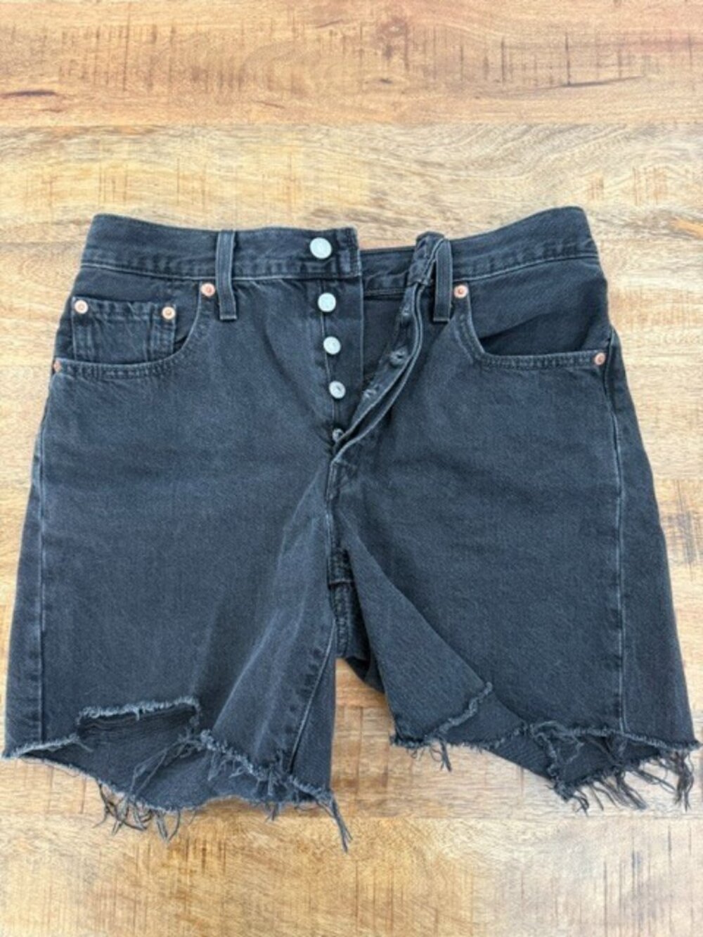 Levis 501 Black Denim Cutoff Jean Shorts High Rise Sz 28 Button Fly Womens EUC